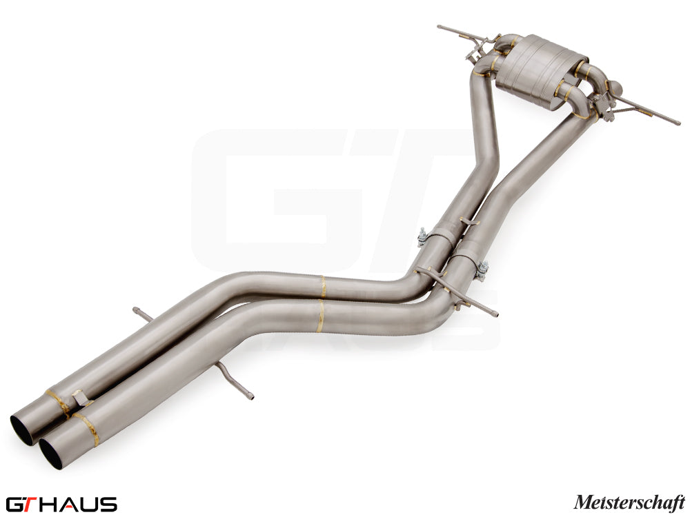 Premium exhaust system for 2022-2023 Porsche Cayenne Turbo GT, featuring T304 stainless steel and Meisterschaft branding.