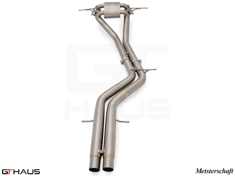 Premium performance exhaust system for Porsche Cayenne Turbo GT, featuring T304 stainless steel construction and dual tips.