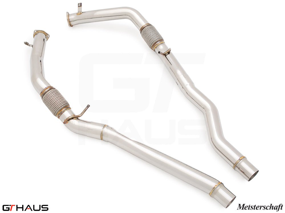 Porsche Cayenne 2024+ front resonator delete pipes for V8 Turbo model, featuring polished stainless steel construction.