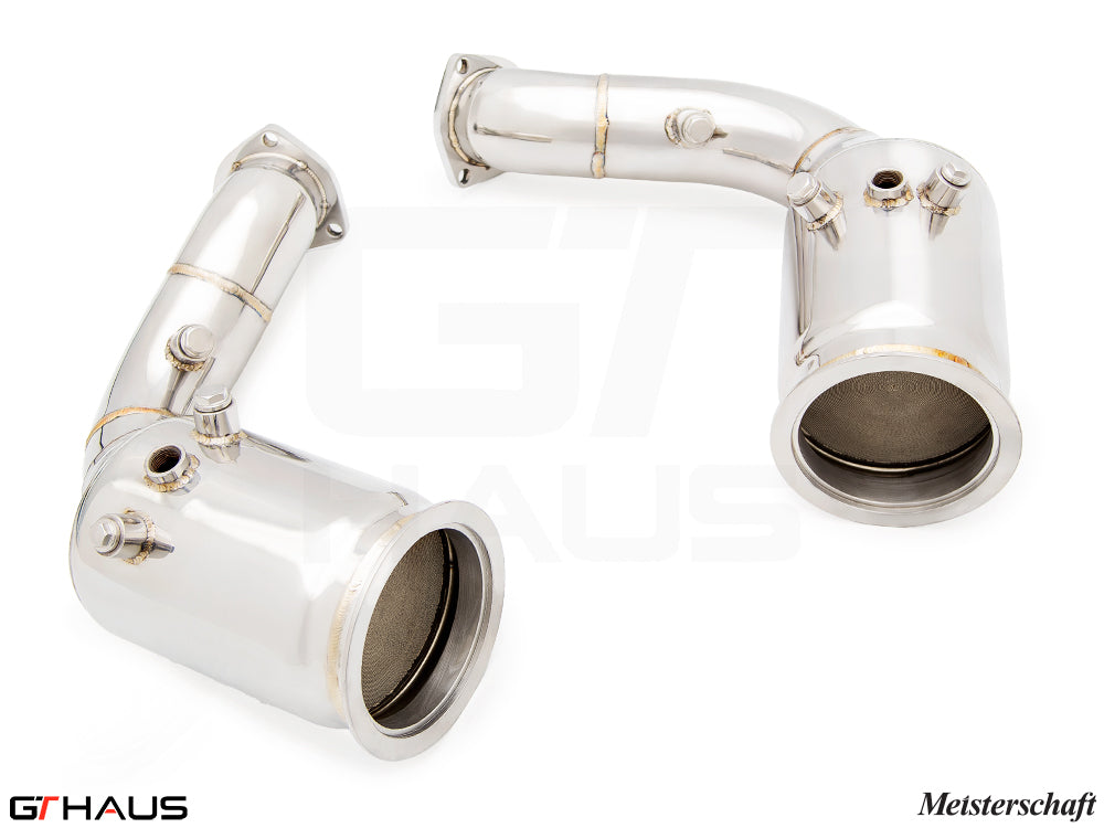 High-performance down pipes for 2024+ Porsche Cayenne SUV/Coupe, featuring 400 CEL sport cats and stainless steel construction.