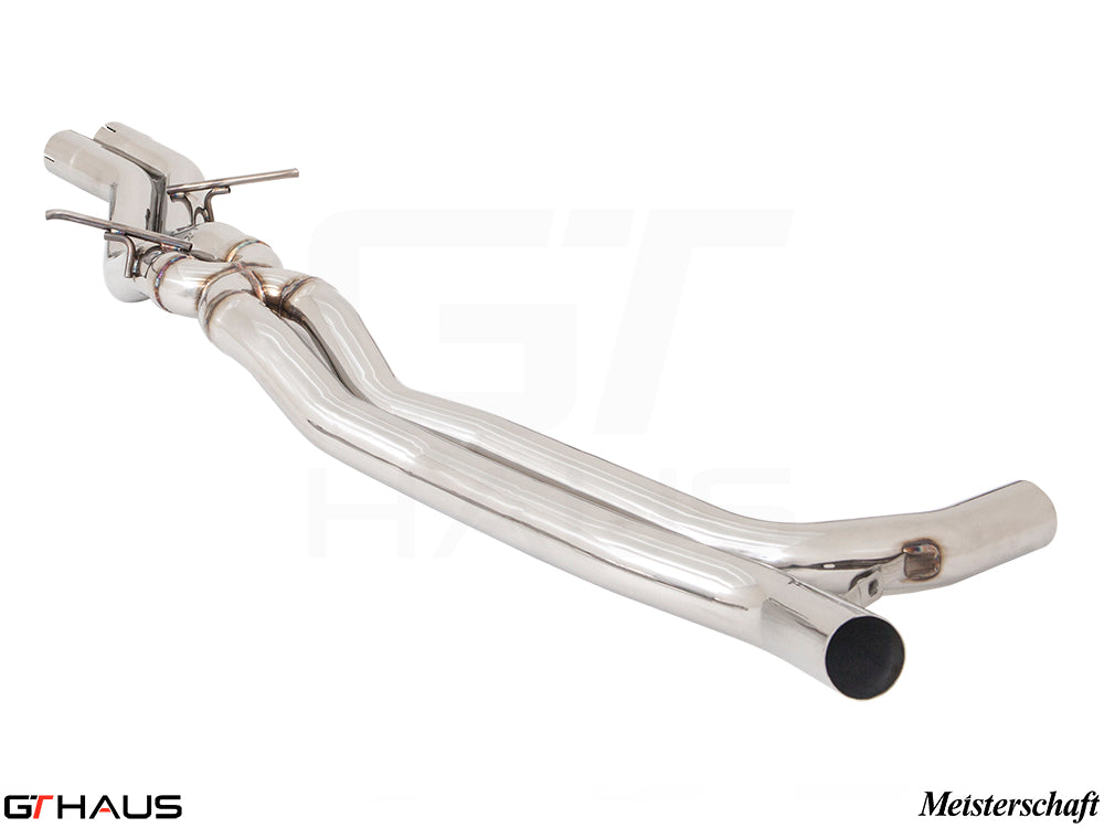 Porsche Macan 2016+ full cat-back exhaust system with front, mid, and SR pipe for V6 petrol models, featuring polished stainless steel.