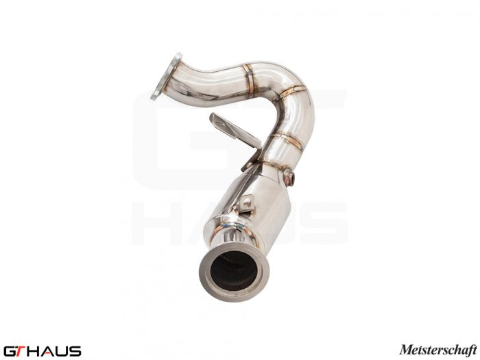 Porsche Macan 2022+ V6 Turbo down pipes with OBD2 and 400 CEL sport cats, featuring stainless steel construction.