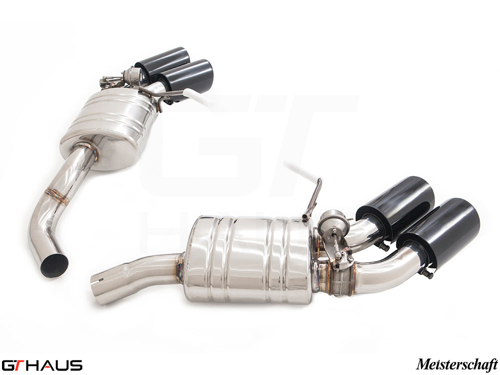 Premium exhaust system for 2022+ Porsche Macan I4 Turbo, featuring stainless steel construction and dual tips.