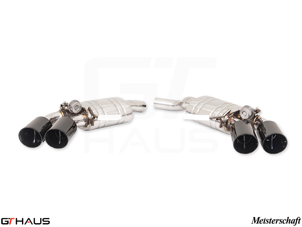 Premium exhaust system for 2022+ Porsche Macan I4 Turbo, featuring stainless steel construction and dual tips.