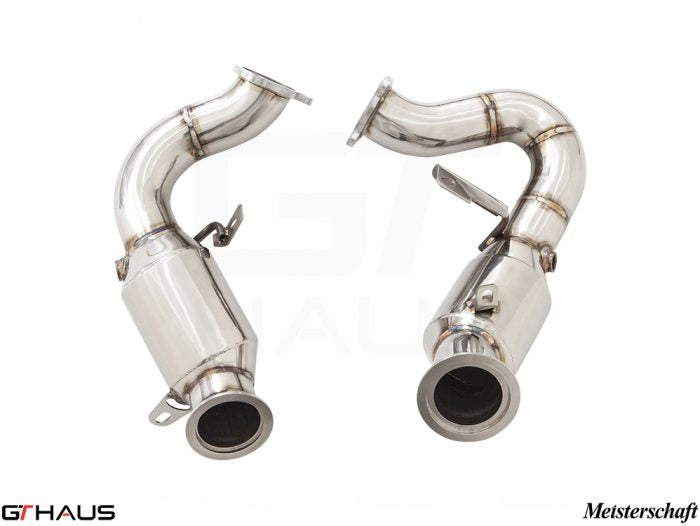 Porsche Macan 2022+ down pipes with OBD2 and 400 CEL sport cats, featuring high-quality stainless steel construction.