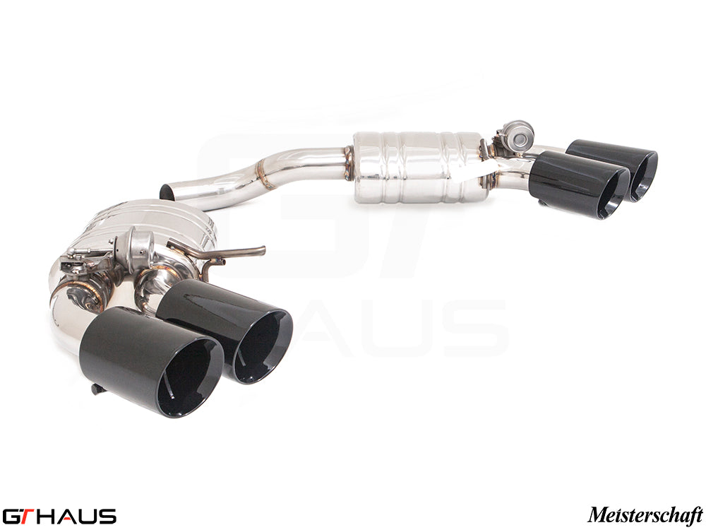 Premium exhaust system for 2022+ Porsche Macan S/GTS featuring dual black tips and electronic valve control.