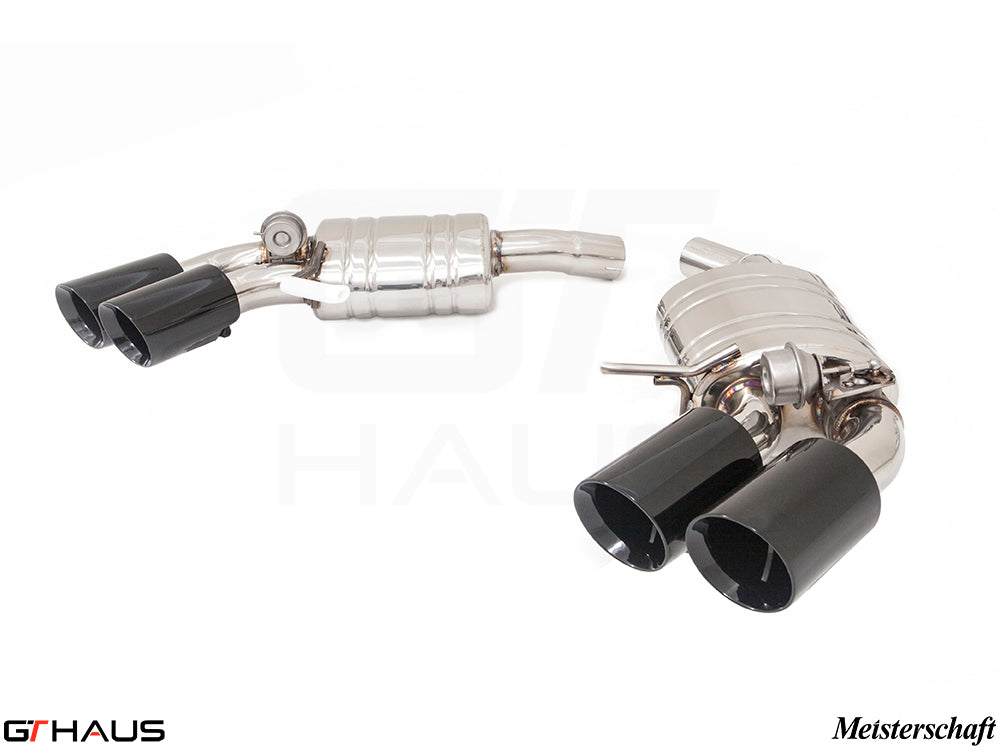 Premium exhaust system for Porsche Macan S/GTS (V6 Turbo) 2022+, featuring dual black tips and electronic valve control.
