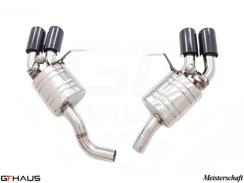 Premium exhaust system for 2022+ Porsche Macan S/GTS, featuring dual tips and stainless steel construction.