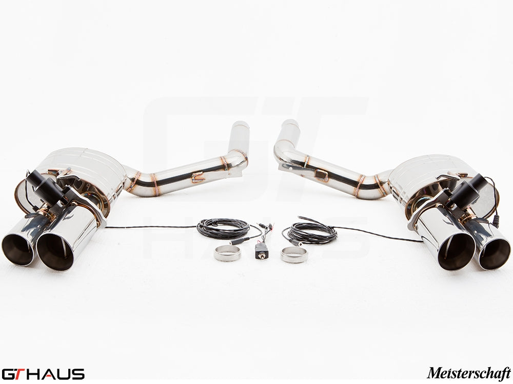 Premium Meisterschaft exhaust system for Porsche Panamera Sedan 970 V6 3.6L, featuring dual polished tips and electronic valve control.