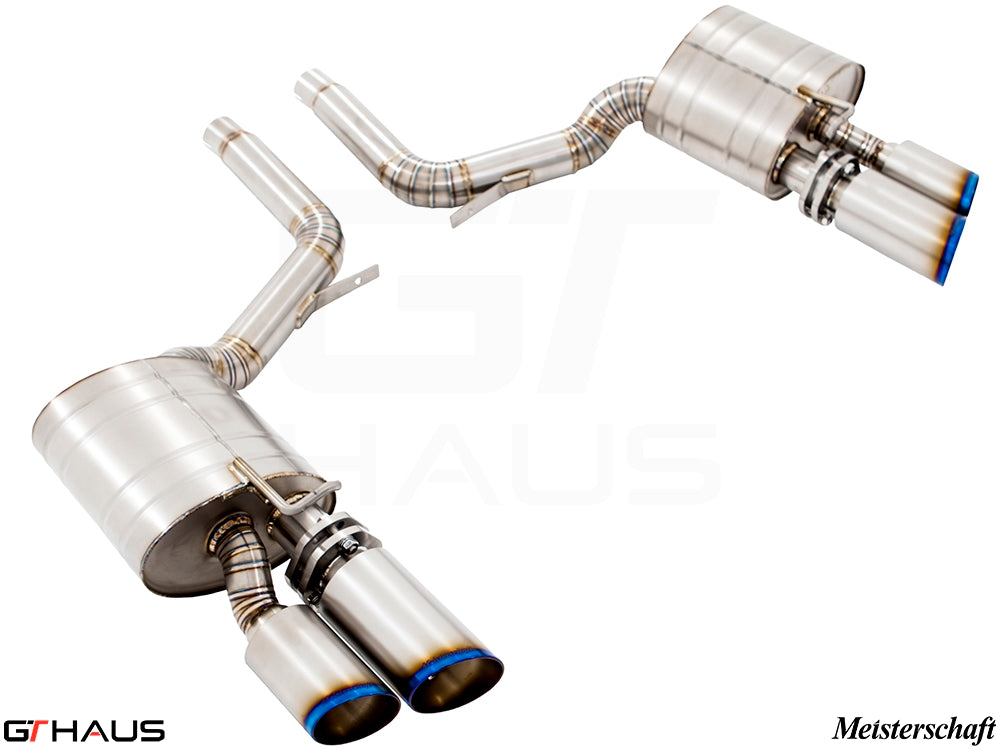 Premium Meisterschaft exhaust system for Porsche Panamera Sedan 970 V6 3.6L, featuring stainless steel construction and dual tips.