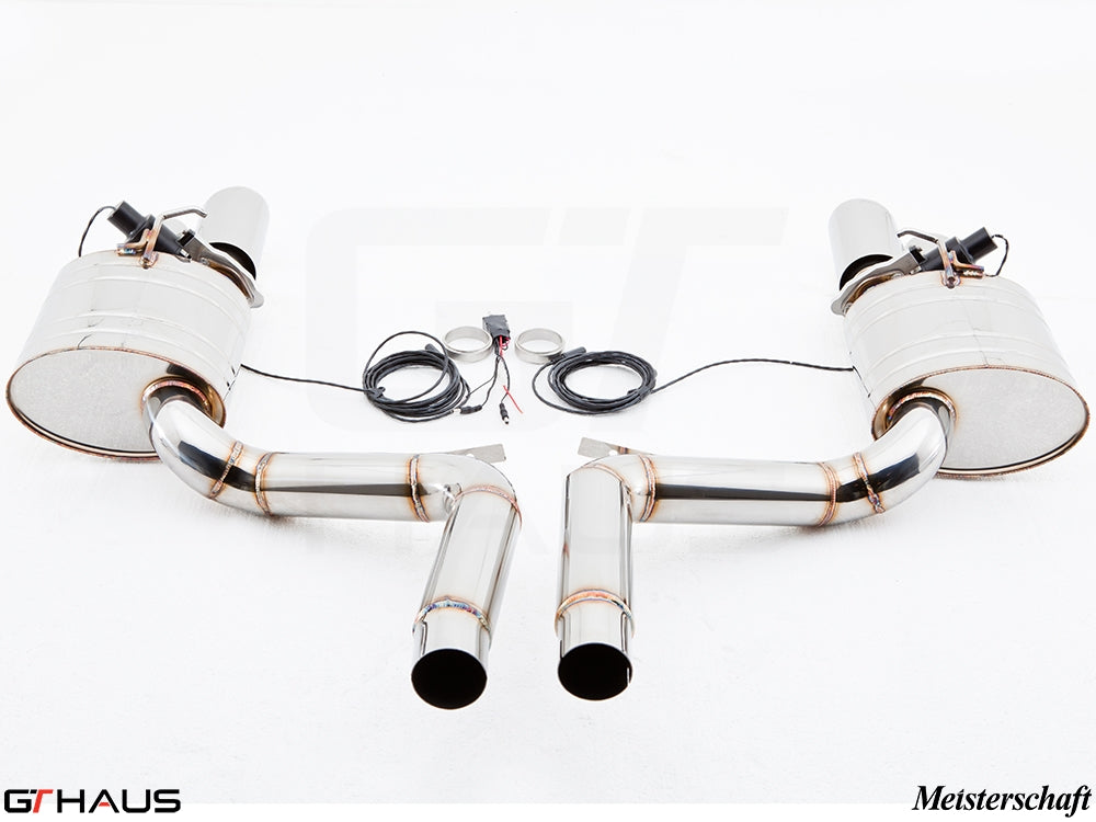 Premium Meisterschaft exhaust system for Porsche Panamera Sedan 970 V6 Diesel, featuring dual polished tips and electronic valve control.