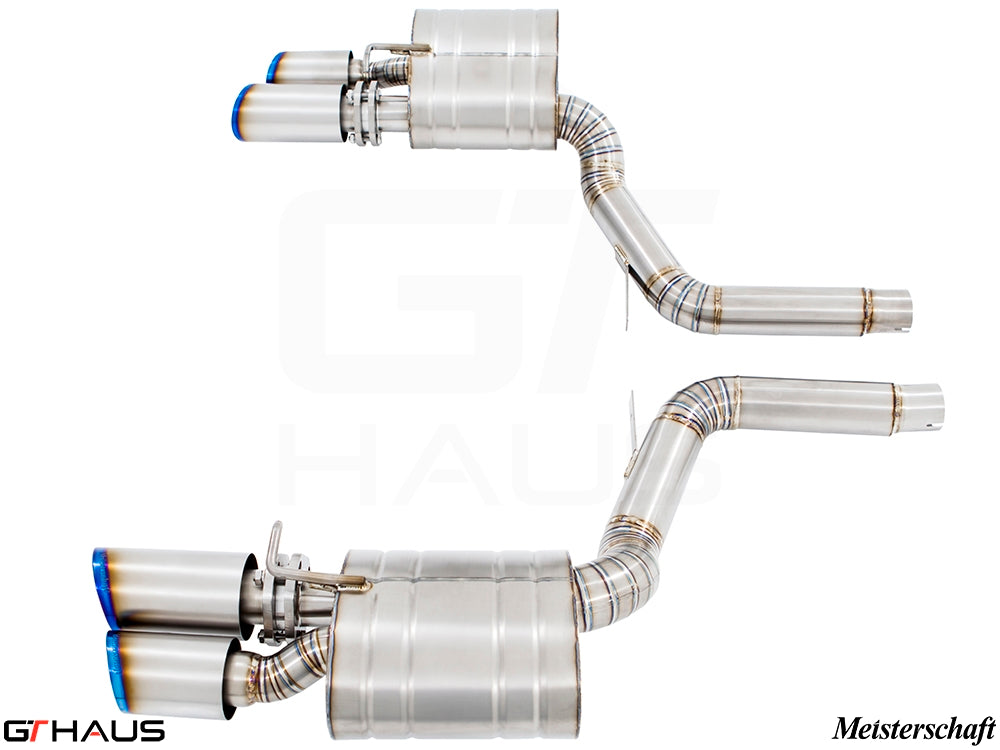Premium Meisterschaft exhaust system for Porsche Panamera 970 V8 Executive model, featuring dual tips and stainless steel construction.