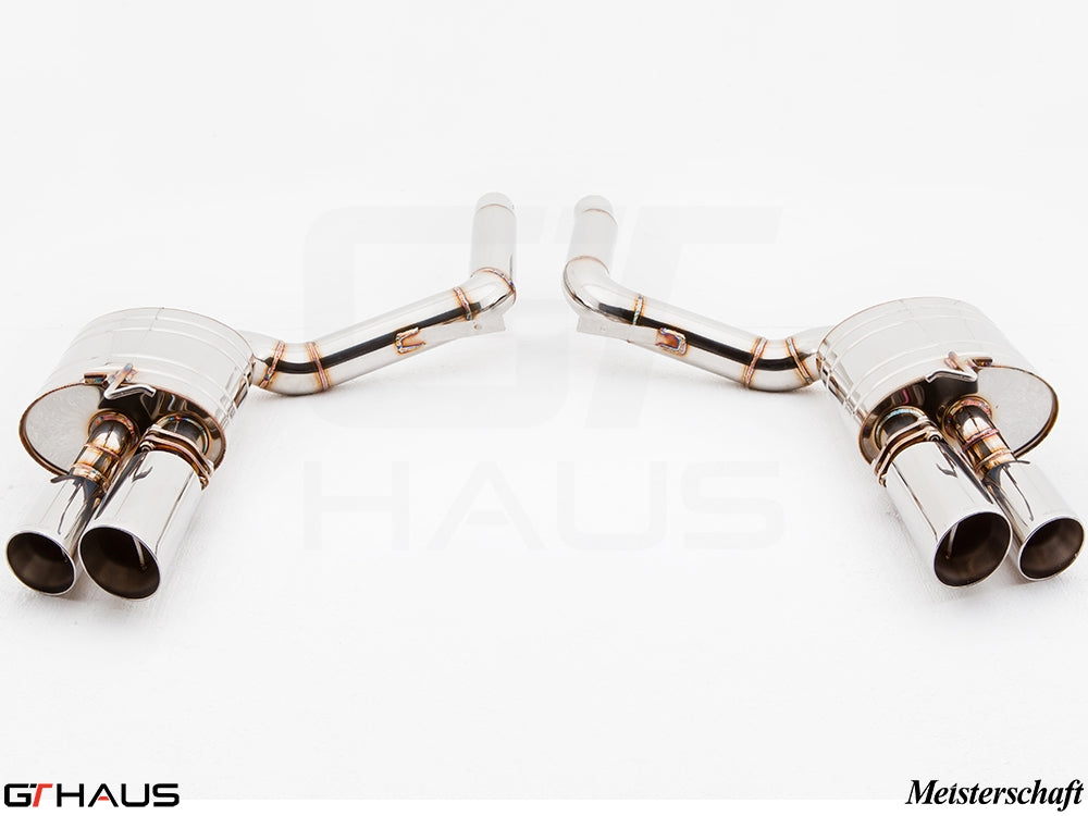 Premium exhaust system for Porsche Panamera 970 V8 models, featuring polished stainless steel and dual tips.