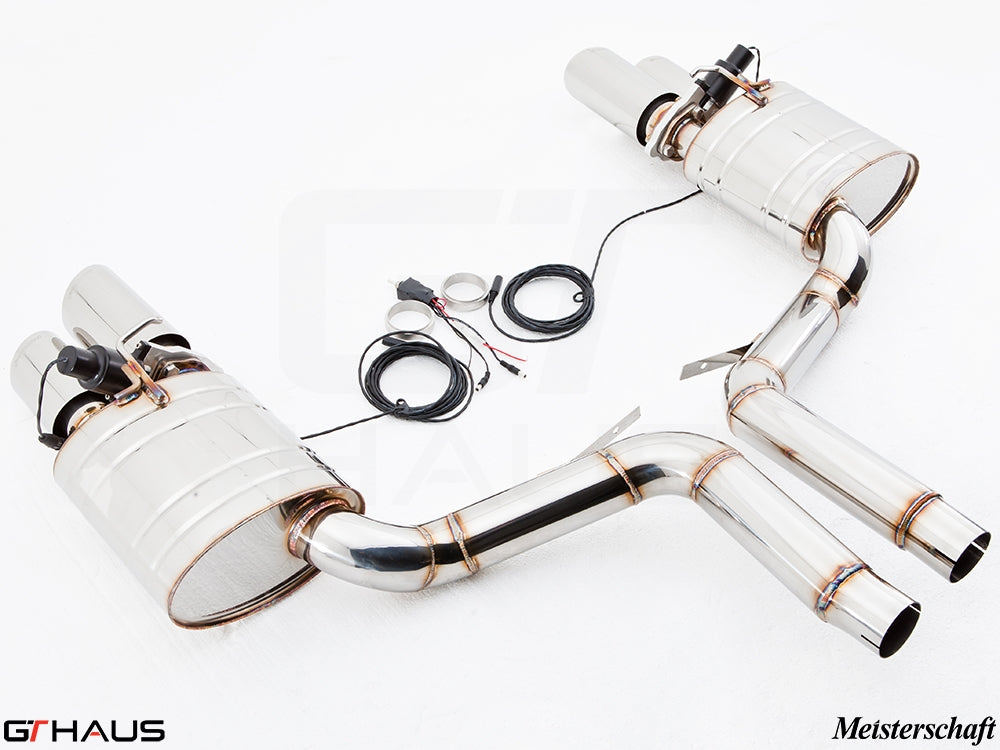 Premium performance exhaust system for Porsche Panamera Sedan 970 V8 models, featuring stainless steel construction and electronic valve control.