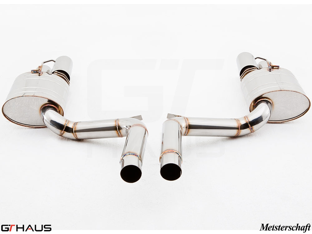 Premium exhaust system for Porsche Panamera 970 V8 models, featuring polished stainless steel construction and dual tips.