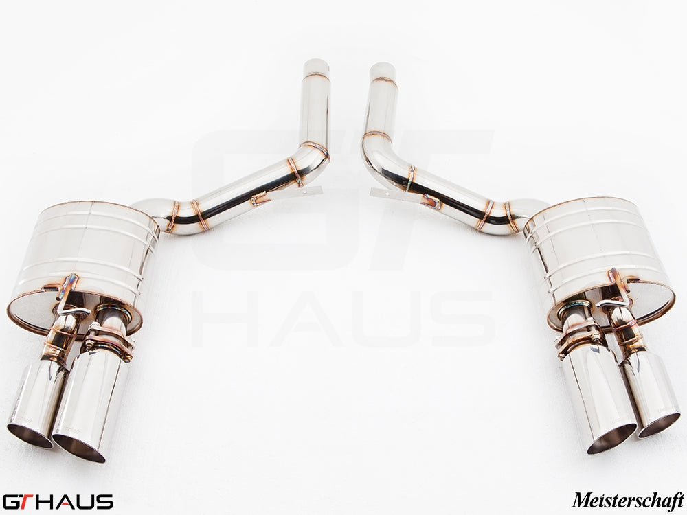 Premium exhaust system for Porsche Panamera Sedan 970 V8 models, featuring polished stainless steel and dual tips.