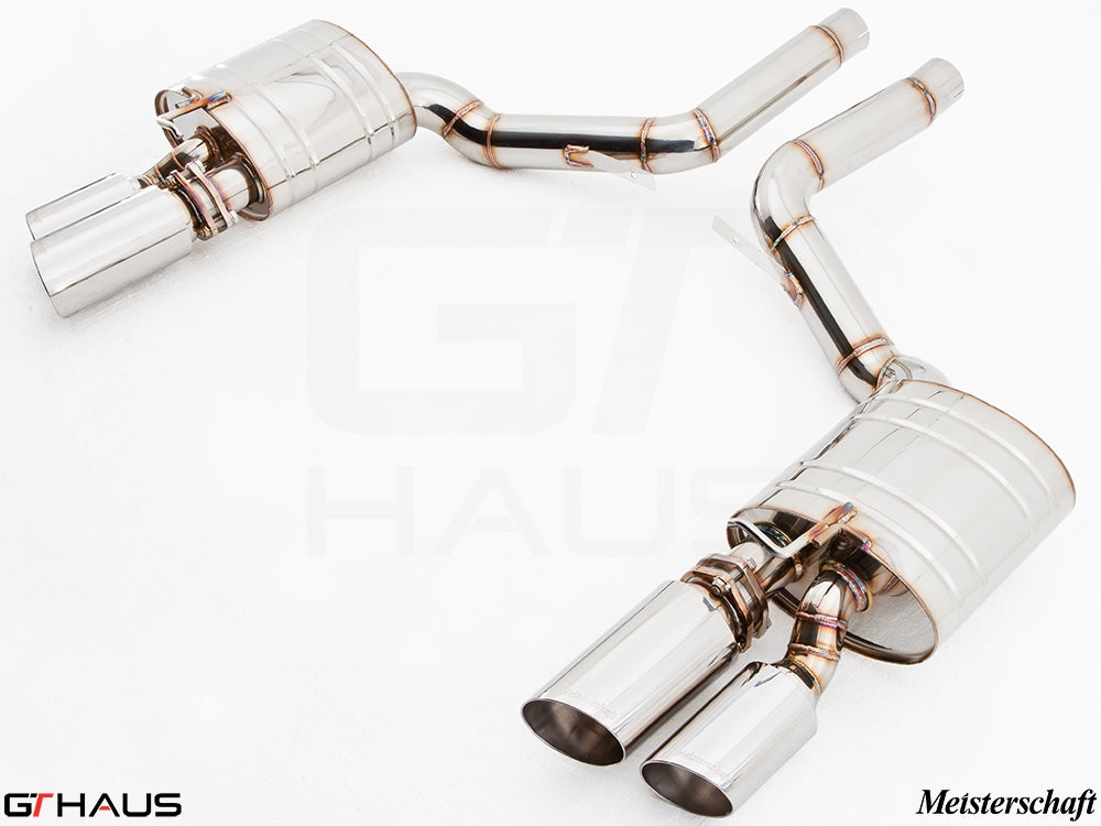 Premium exhaust system for Porsche Panamera 970 V8 models, featuring polished stainless steel construction and dual tips.