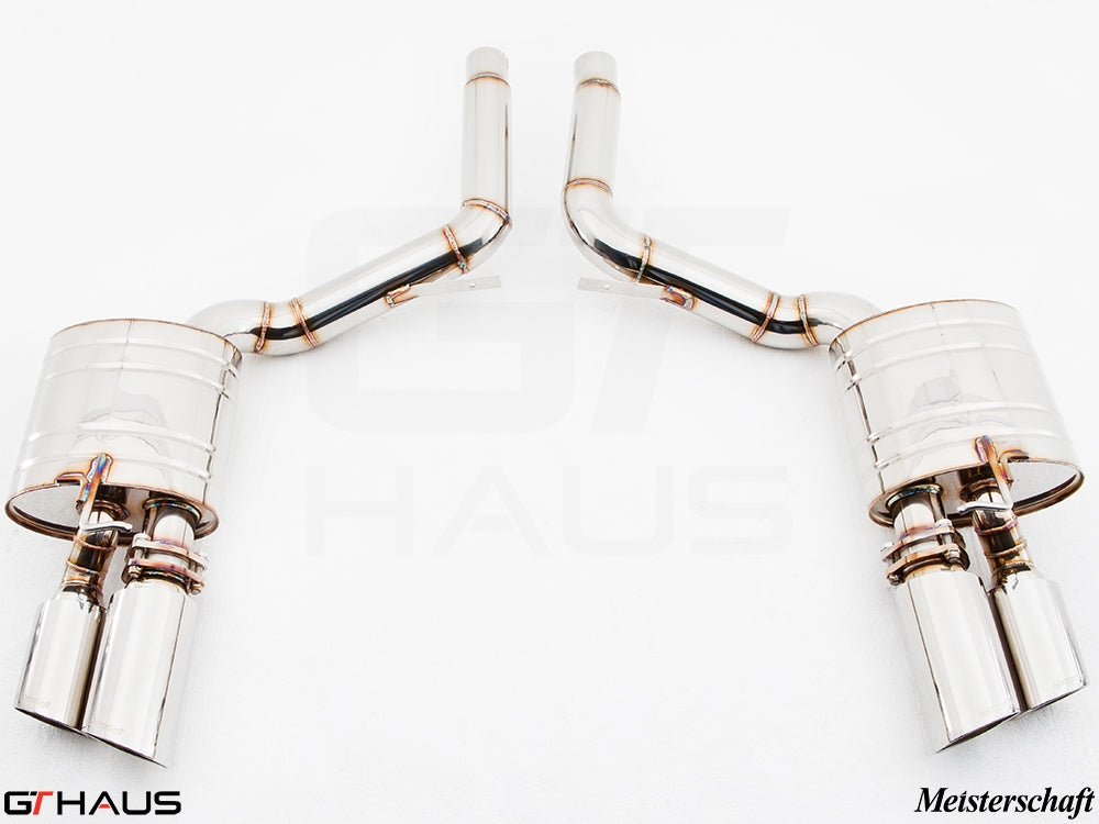 Premium performance exhaust system for Porsche Panamera 970 V8 models, featuring polished stainless steel construction.