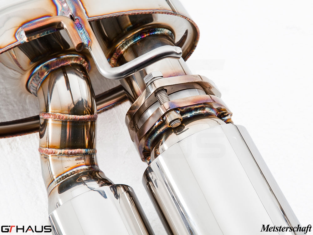 Premium exhaust system for Porsche Panamera 970 model, showcasing high-quality craftsmanship and stainless steel finish.