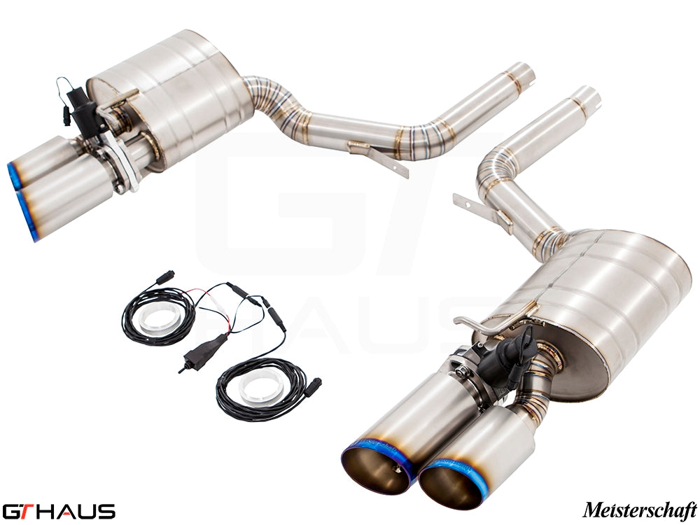 Premium Meisterschaft exhaust system for Porsche Panamera Sedan 970 V8 models, featuring dual tips and electronic valve control.