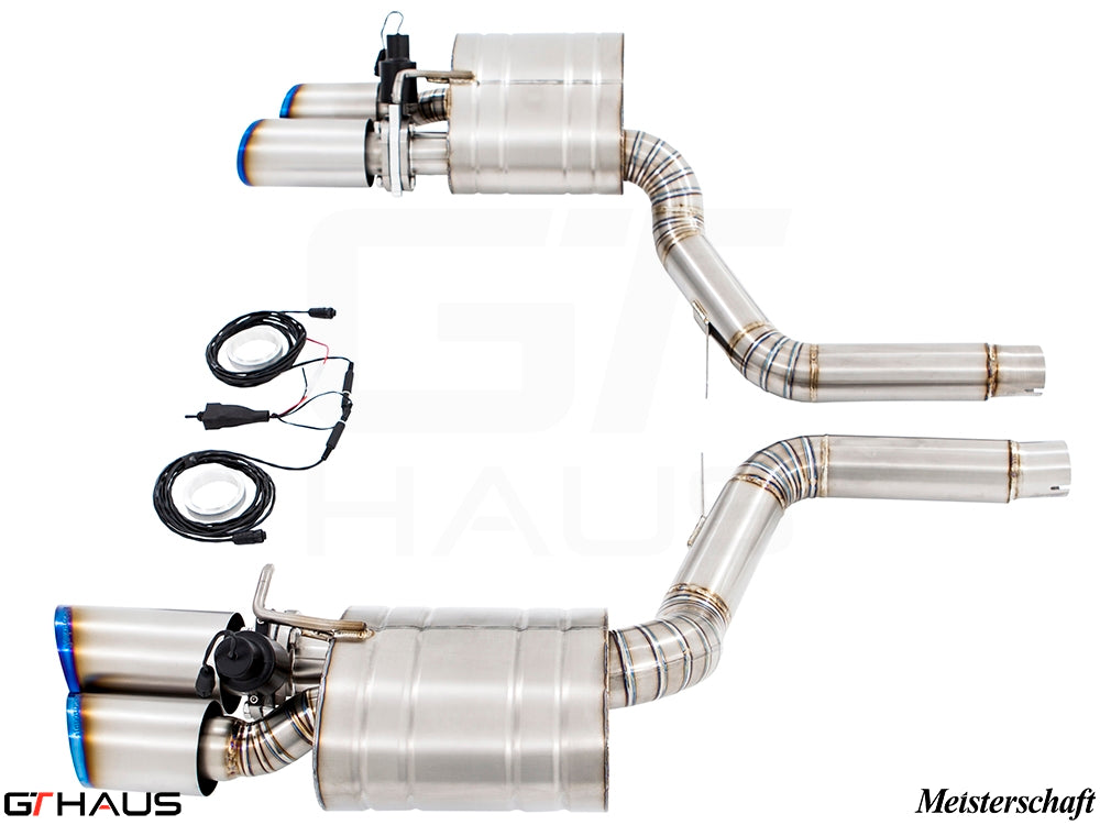 Premium Meisterschaft exhaust system for Porsche Panamera 970 V8 models, featuring dual tips and electronic valve control.