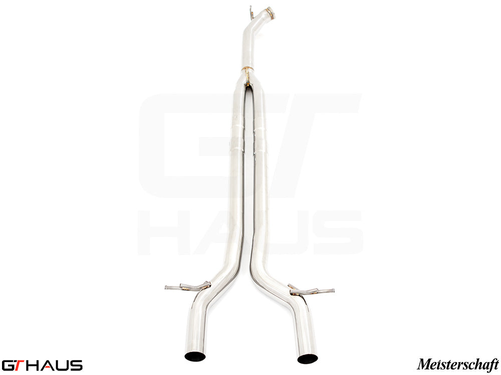 Porsche Panamera 971 V8 full cat-back LSR bolt-on pipes for 4.0T models, showcasing polished stainless steel design.