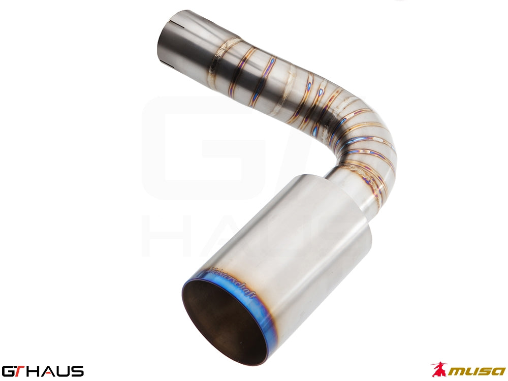 Titanium exhaust arm and round split tip for Infiniti G37, G37S Coupe, Cabrio, and Q60 Coupe, showcasing premium craftsmanship.