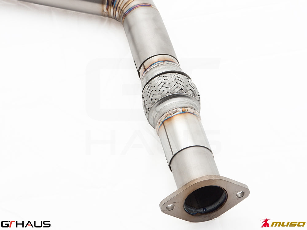 Front Y-pipe collector section for Infiniti G37, G37S Coupe, Cabrio, and Q60 Coupe, showcasing stainless steel construction.