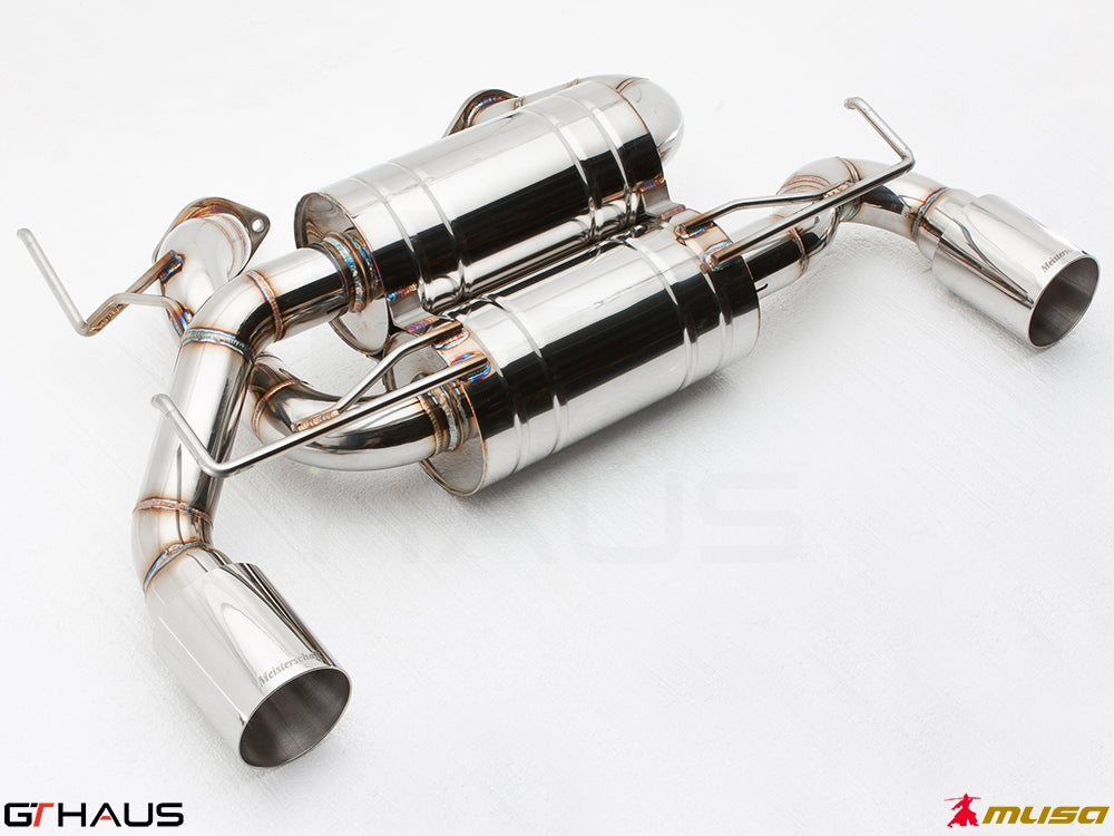 Premium performance exhaust system for Infiniti G37, G37S Coupe, Cabrio, and Q60 Coupe, featuring polished stainless steel construction.