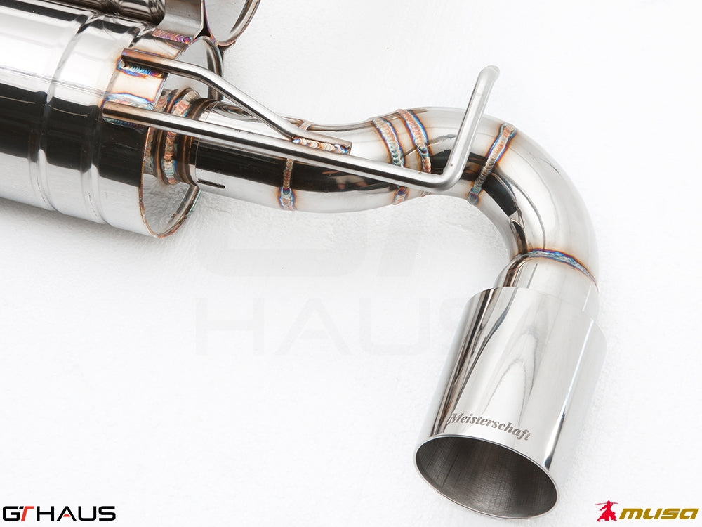 Premium stainless steel exhaust system for Infiniti G37, featuring Meisterschaft branding and precision craftsmanship.