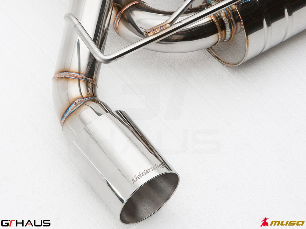 Premium stainless steel exhaust tip for Infiniti G37, G37S, Cabrio, and Q60 Coupe, showcasing Meisterschaft craftsmanship.