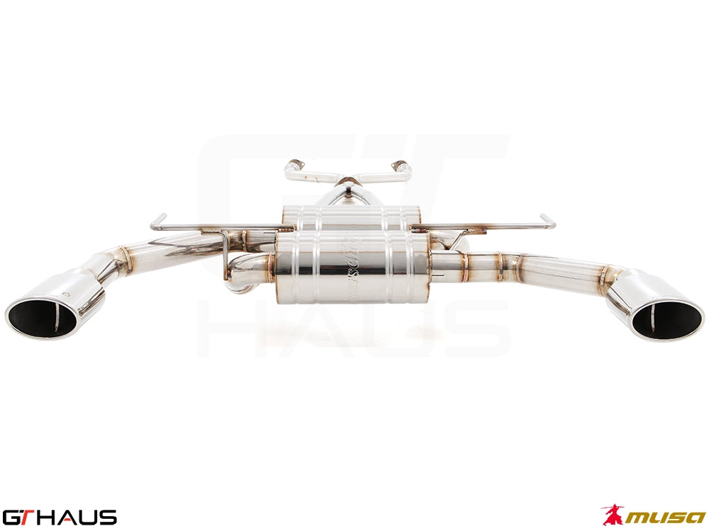 Premium performance exhaust system for Infiniti Q50 Sedan 3.0 V6 Turbo, featuring polished stainless steel and dual tips.