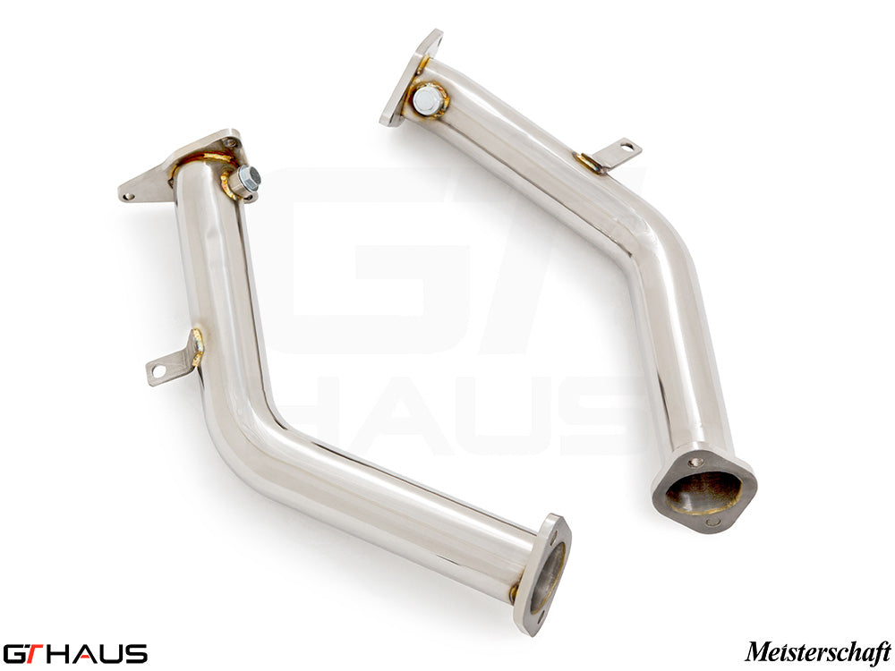 Infiniti Q60 Coupe 2017+ Turbo Back Secondary Down Pipe, stainless steel, no catalytic converter, designed for performance enhancement.