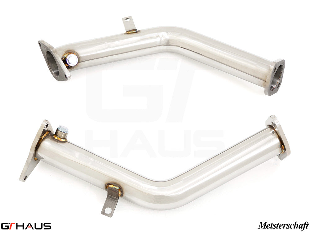 Infiniti Q60 Coupe 2017+ turbo back secondary down pipe in polished stainless steel, designed for performance enhancement.