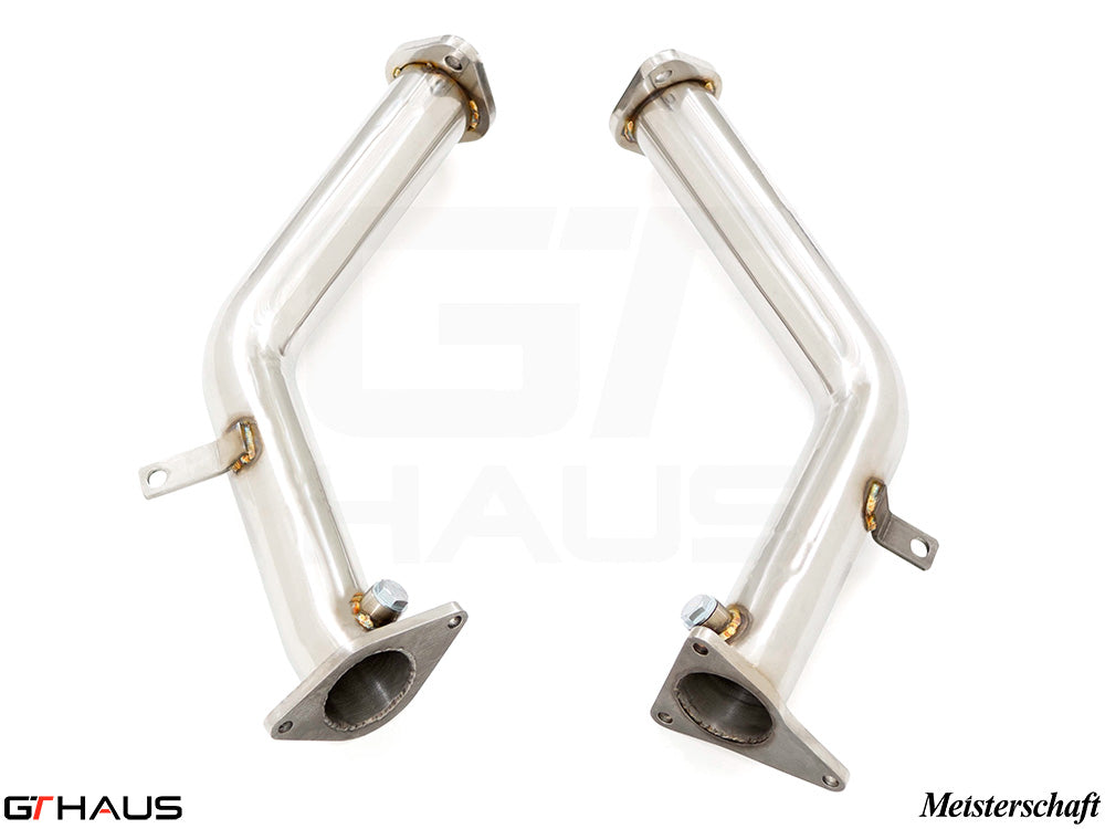 Infiniti Q60 Coupe 2017+ turbo back secondary down pipe, no cat, featuring stainless steel construction for enhanced performance.