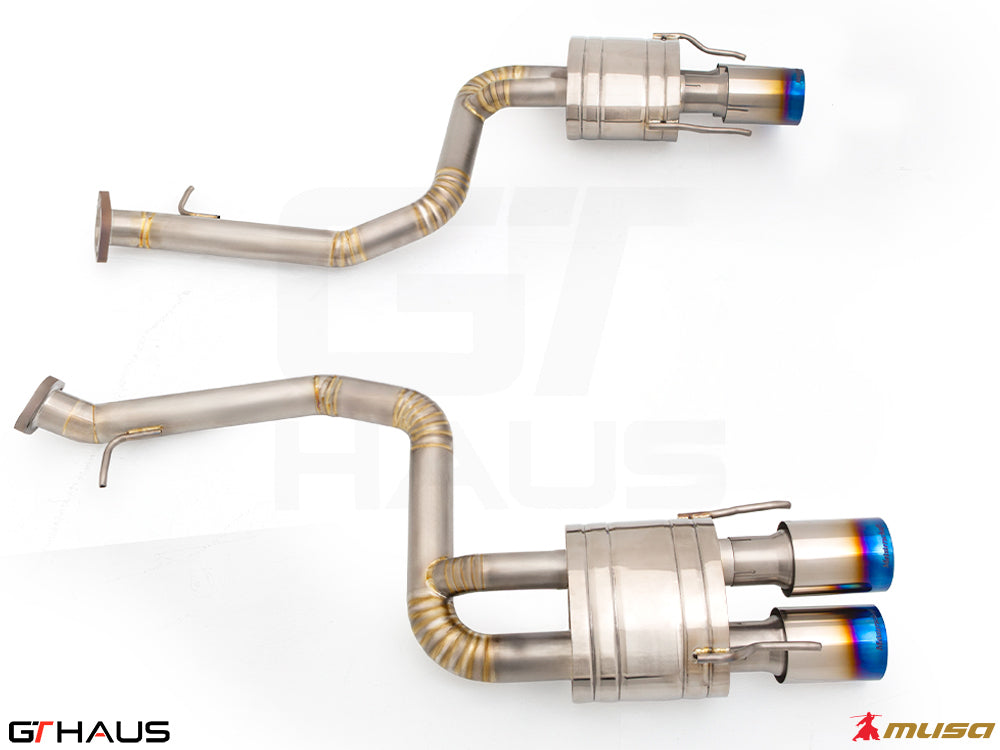 Premium performance exhaust system for Lexus GS-F (V8) 2012+, featuring stainless steel construction and blue-tipped tips.