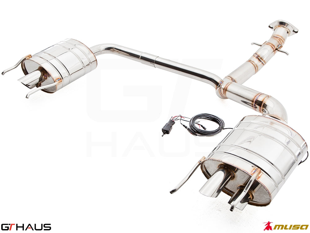 Premium performance exhaust system for Lexus IS-F V8 Sedan, featuring dual tips and electronic valve control.