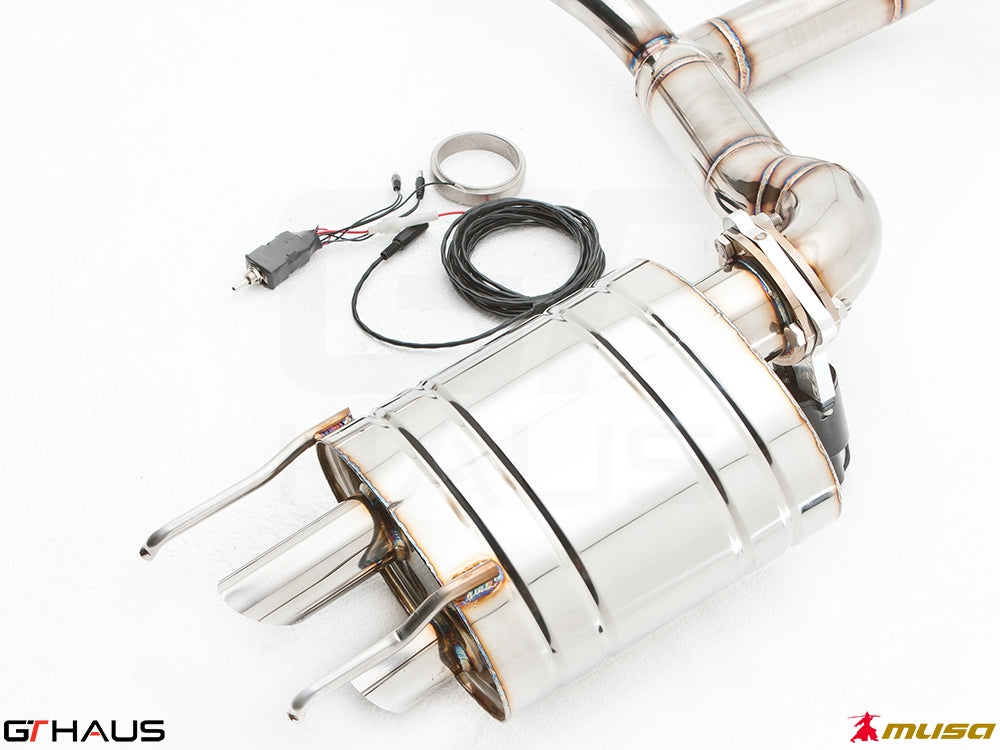 Premium exhaust system for Lexus IS-F V8 Sedan, featuring polished stainless steel construction and electronic valve control.