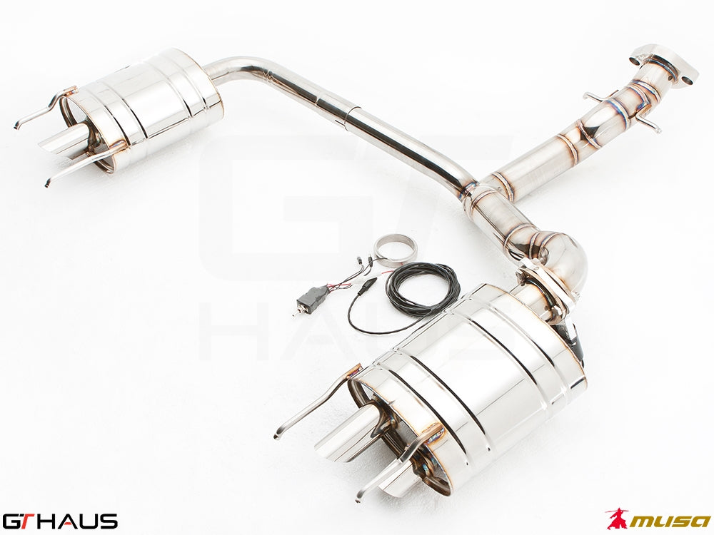 Premium performance exhaust system for Lexus IS-F V8 Sedan, featuring stainless steel construction and electronic valve control.