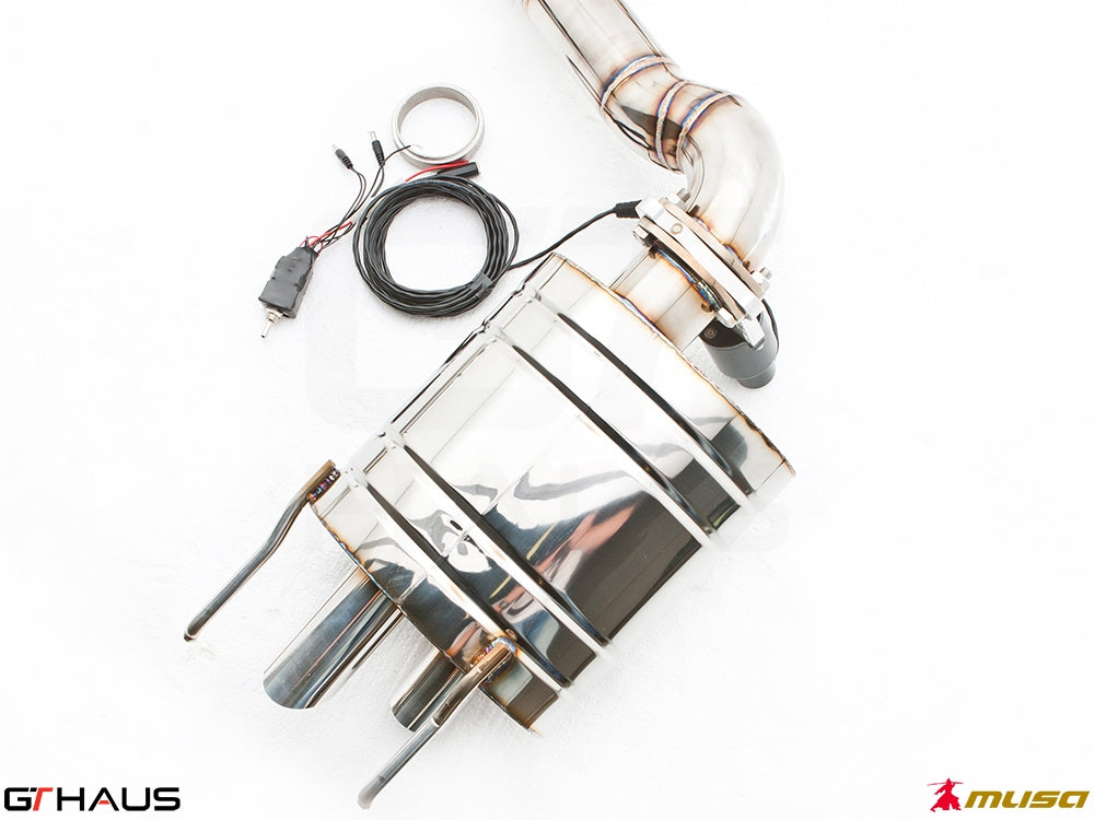 Premium exhaust system for Lexus IS-F V8 Sedan, featuring polished stainless steel construction and electronic valve control.