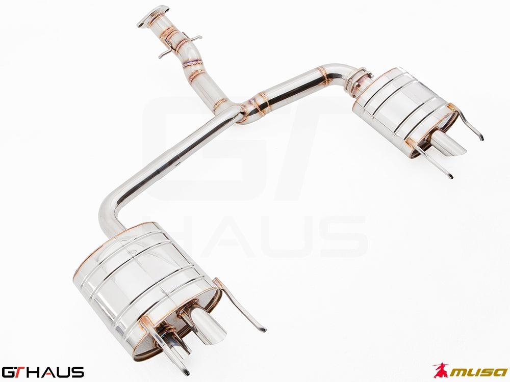 Premium exhaust system for Lexus IS-F V8 Sedan, featuring polished stainless steel construction and dual tips.