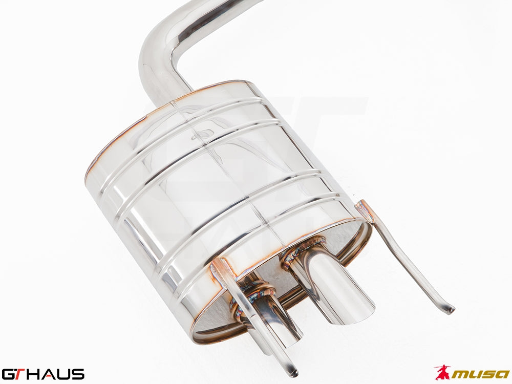 Premium exhaust system for Lexus IS-F V8 Sedan, showcasing polished stainless steel construction and dual tips.