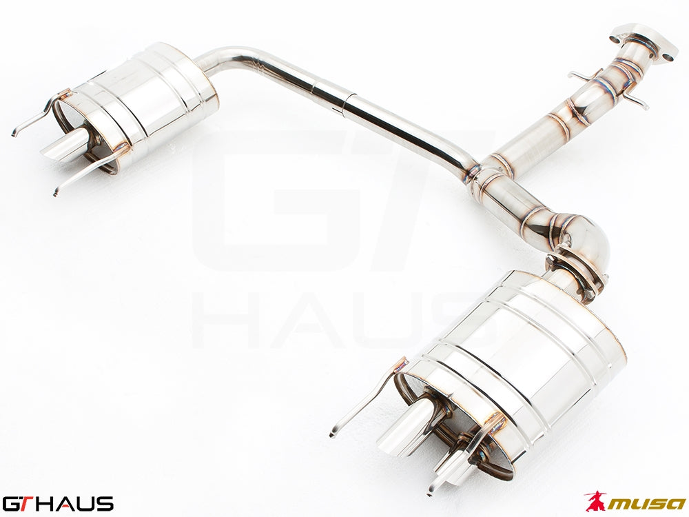 Premium performance exhaust system for Lexus IS-F V8 Sedan, featuring stainless steel construction and dual tips.