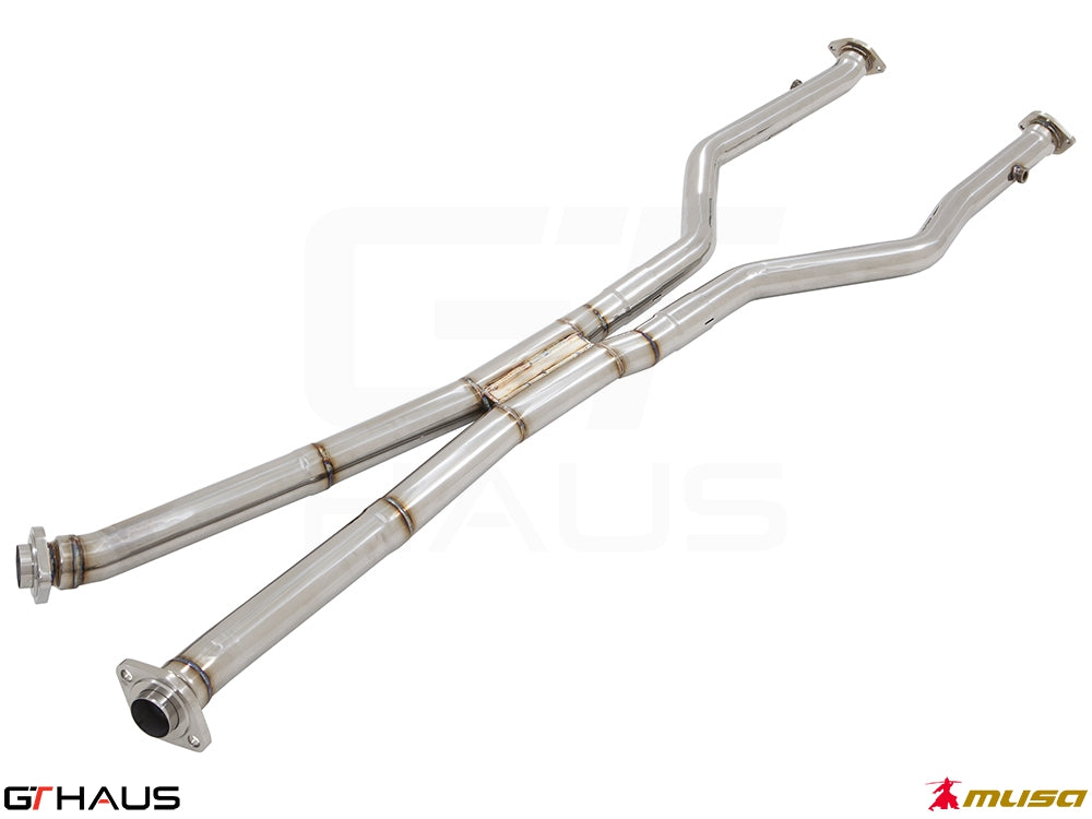 Cat-back LSR pipe for Lexus IS500 (V8) 2021+, featuring front and mid sections in polished stainless steel.
