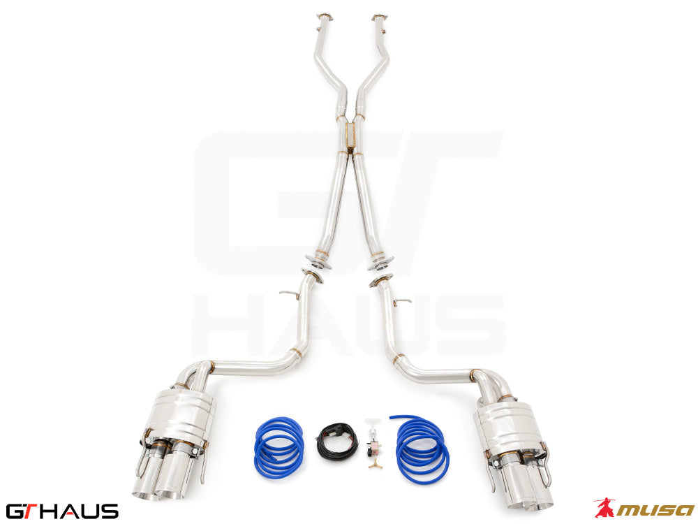 Premium performance exhaust system for Lexus IS500 V8 (2021+) featuring stainless steel construction and electronic valve control.