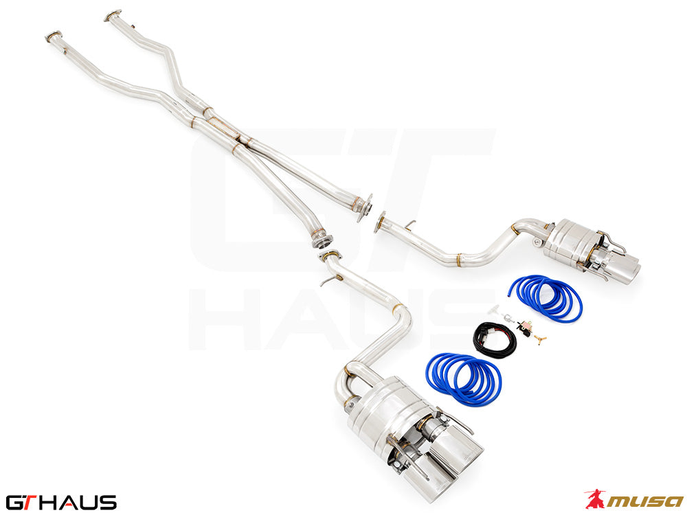Premium stainless steel exhaust system for Lexus IS500 V8 (2021+) with electronic valve control and performance enhancements.