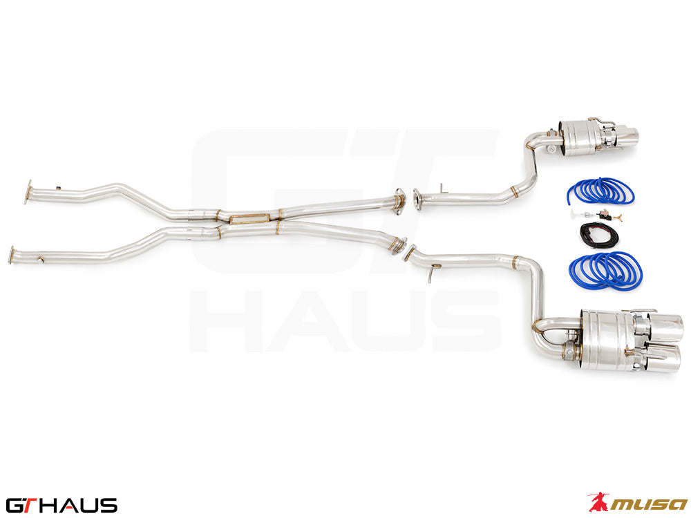Premium performance exhaust system for Lexus IS500 (V8) 2021+, featuring stainless steel construction and electronic valve control.
