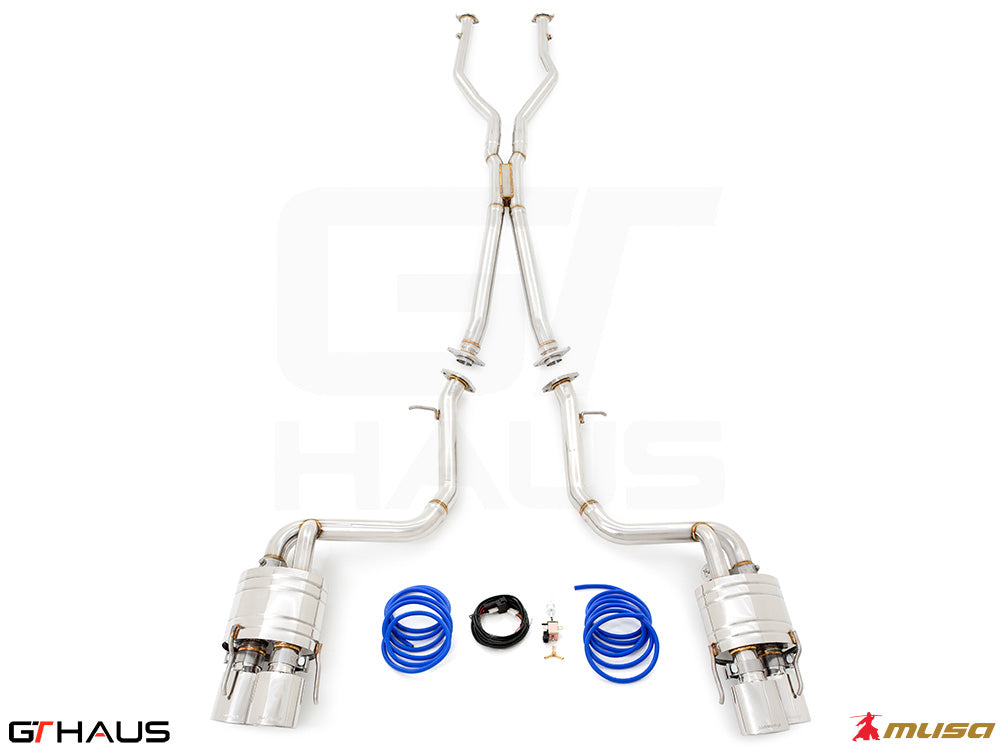 Premium performance exhaust system for Lexus IS500 V8 (2021+) featuring stainless steel construction and electronic valve control.