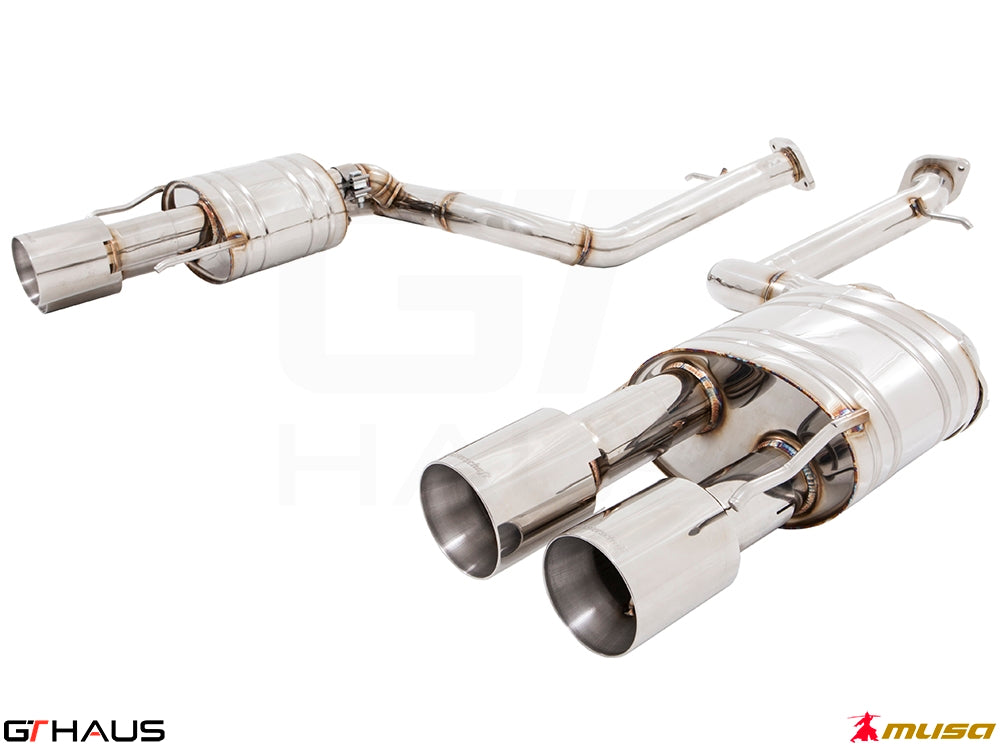 Premium performance exhaust system for Lexus IS500 V8, featuring stainless steel construction and dual tips.
