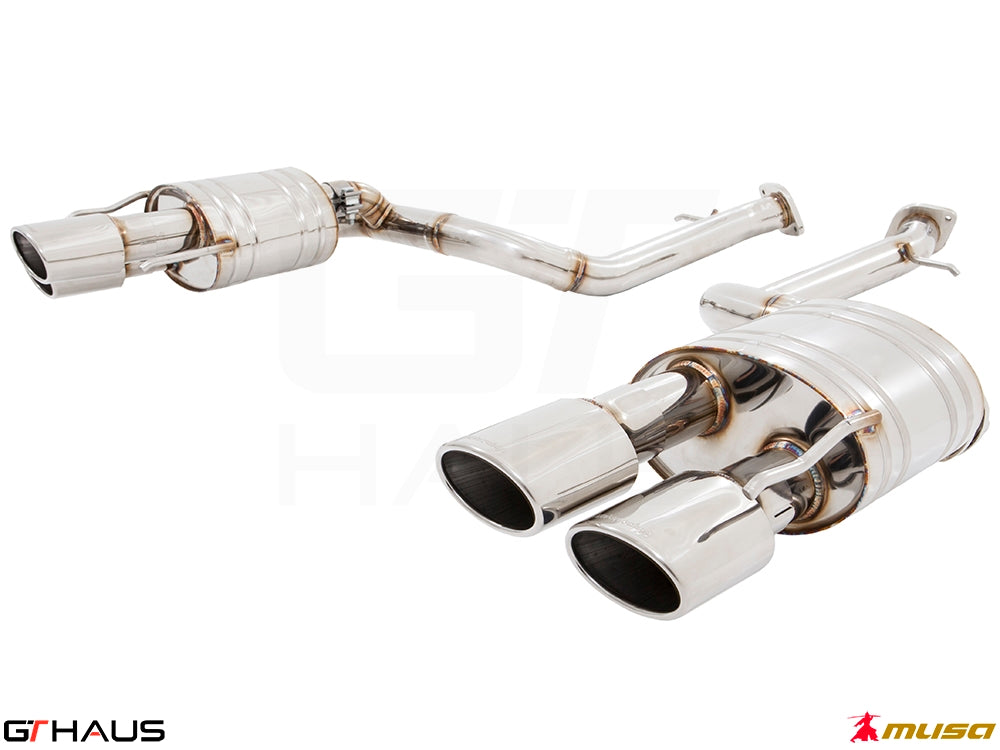 Premium performance exhaust system for Lexus IS500 V8 (2021+) featuring stainless steel construction and dual tips.